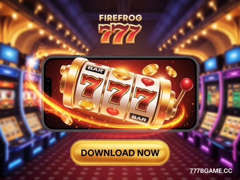 Android phone displaying FireFrog 777 slot game with glowing 777 symbols, gold coins, and fire effects, promoting APK download on 777bgame.cc