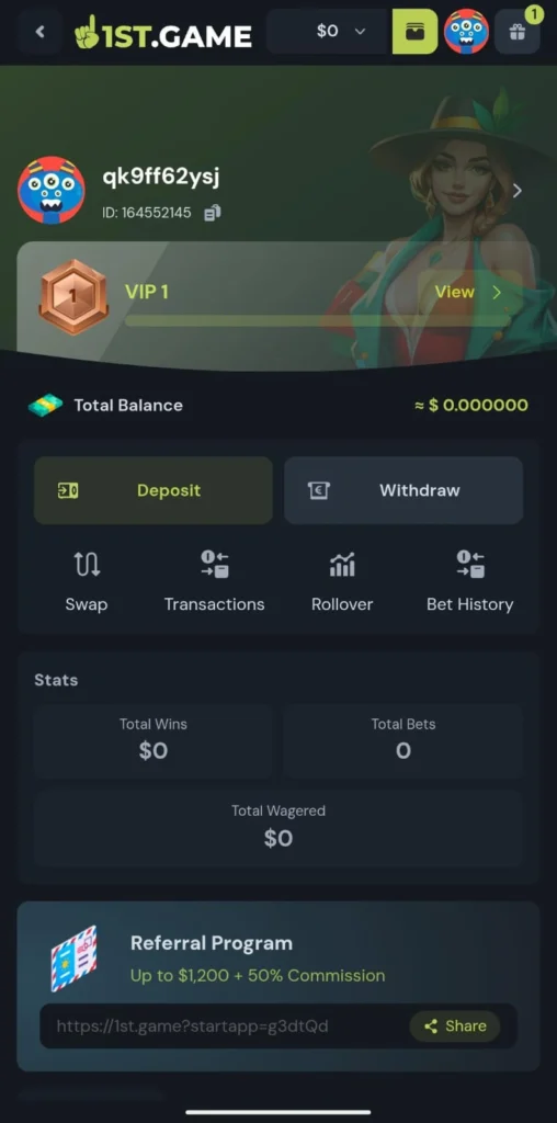 1st Game deposits and withdraws